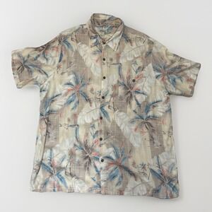 Batik Bay Hawaiian Shirt Mens XL Tan Floral Tropical Woven Short Sleeve Camp